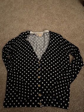 MICHAEL Michael Kors Navy and White Polka Dot Knit Sweater Top Gold Buttons